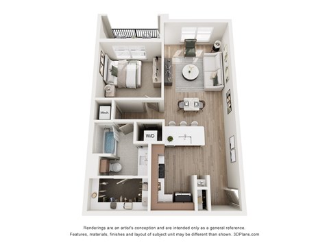 Floor plan for 1 bed, 1 bath, 743 sqft